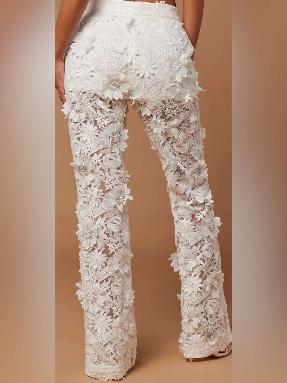 Fashion Nova White 3D Floral Lace Wide-Leg Pants - Picture 3 of 6